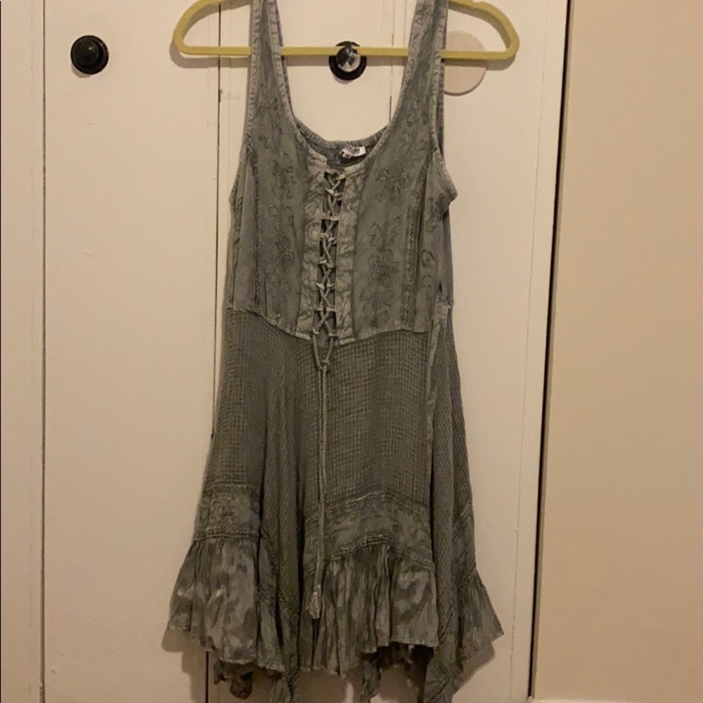 Embroided tank dress ruffle hemmed bottom